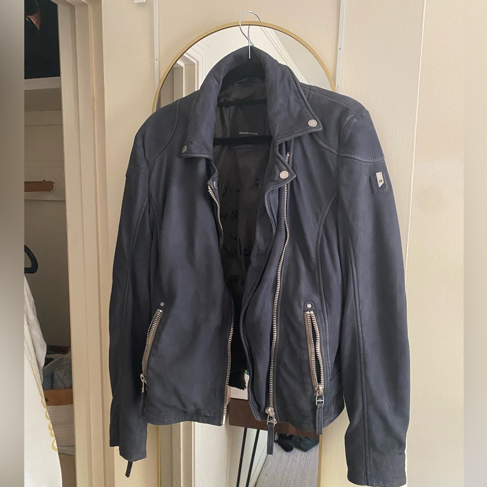 BRAND NEW MAURITIUS KARYN RF LEATHER & SUEDE JACKET, NAVY